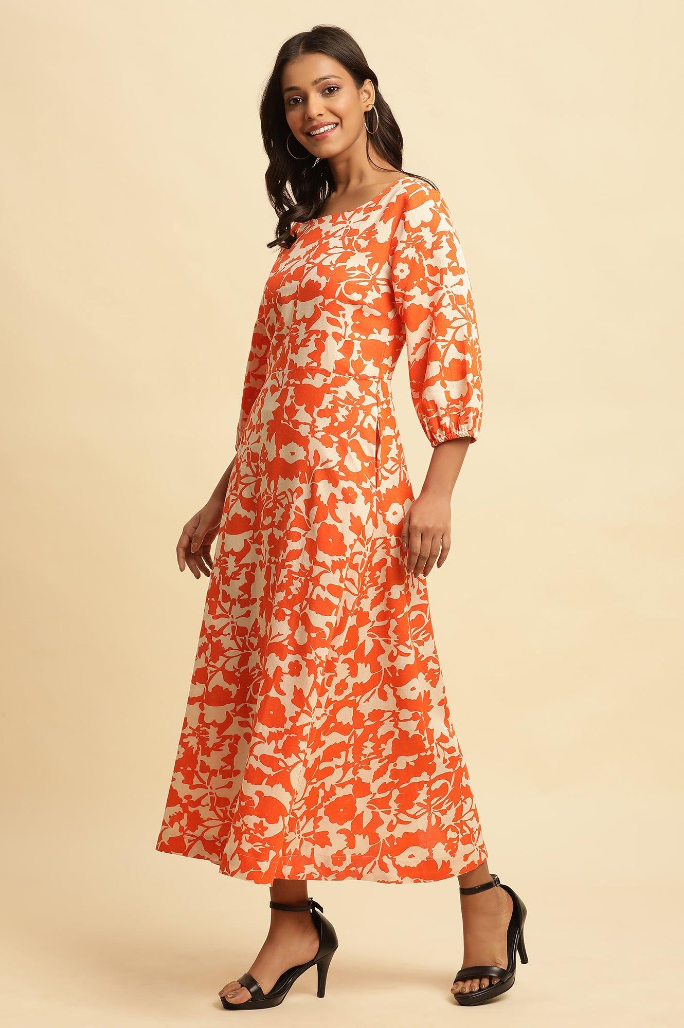 W for Woman Orange and White Printed Long Western Cotton Dress