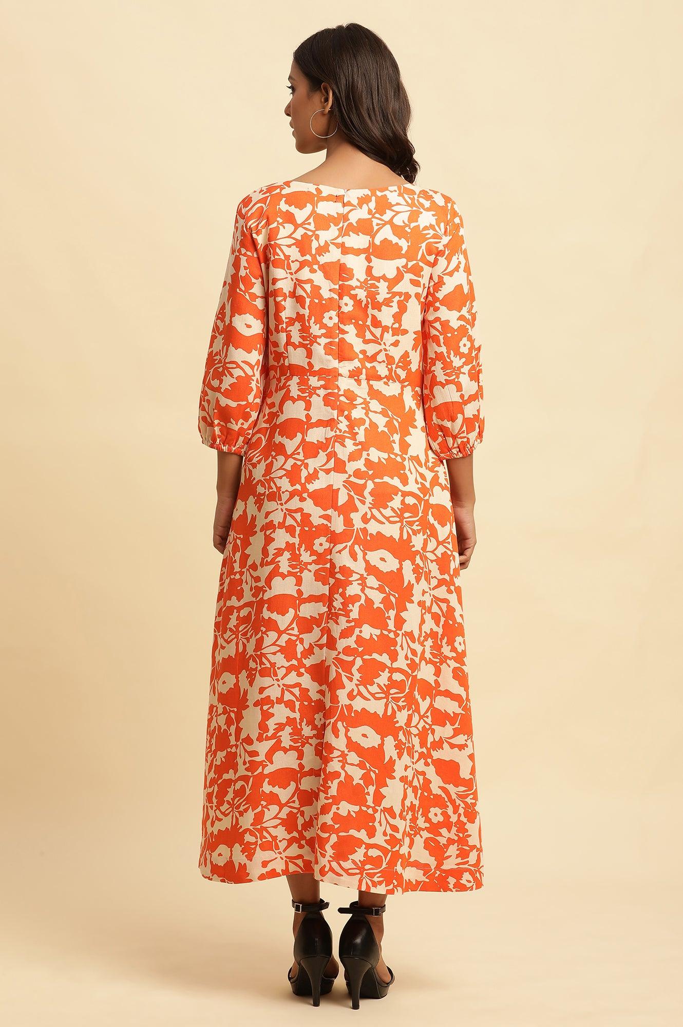 W for Woman Orange and White Printed Long Western Cotton Dress