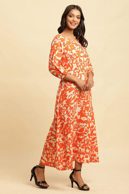W for Woman Orange and White Printed Long Western Cotton Dress