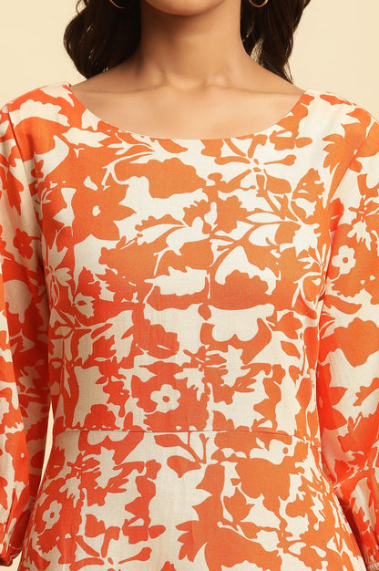 W for Woman Orange and White Printed Long Western Cotton Dress