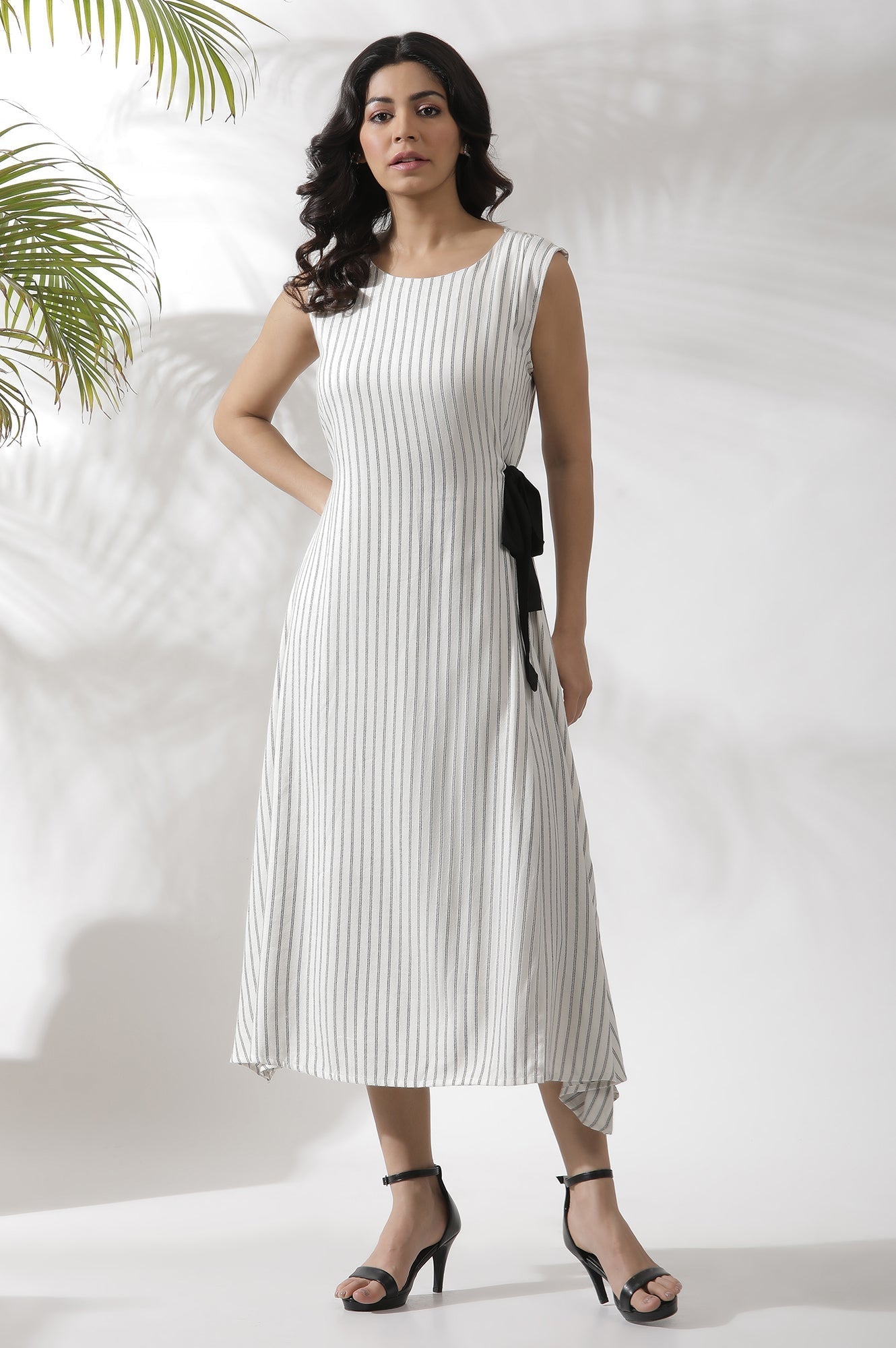 W for Woman White Sleeveless Long Stripe Printed Cotton Dress