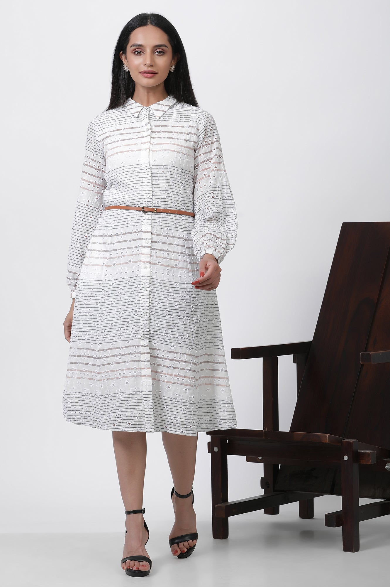 W for Woman White Striped Cotton Schiffli A-line Dress