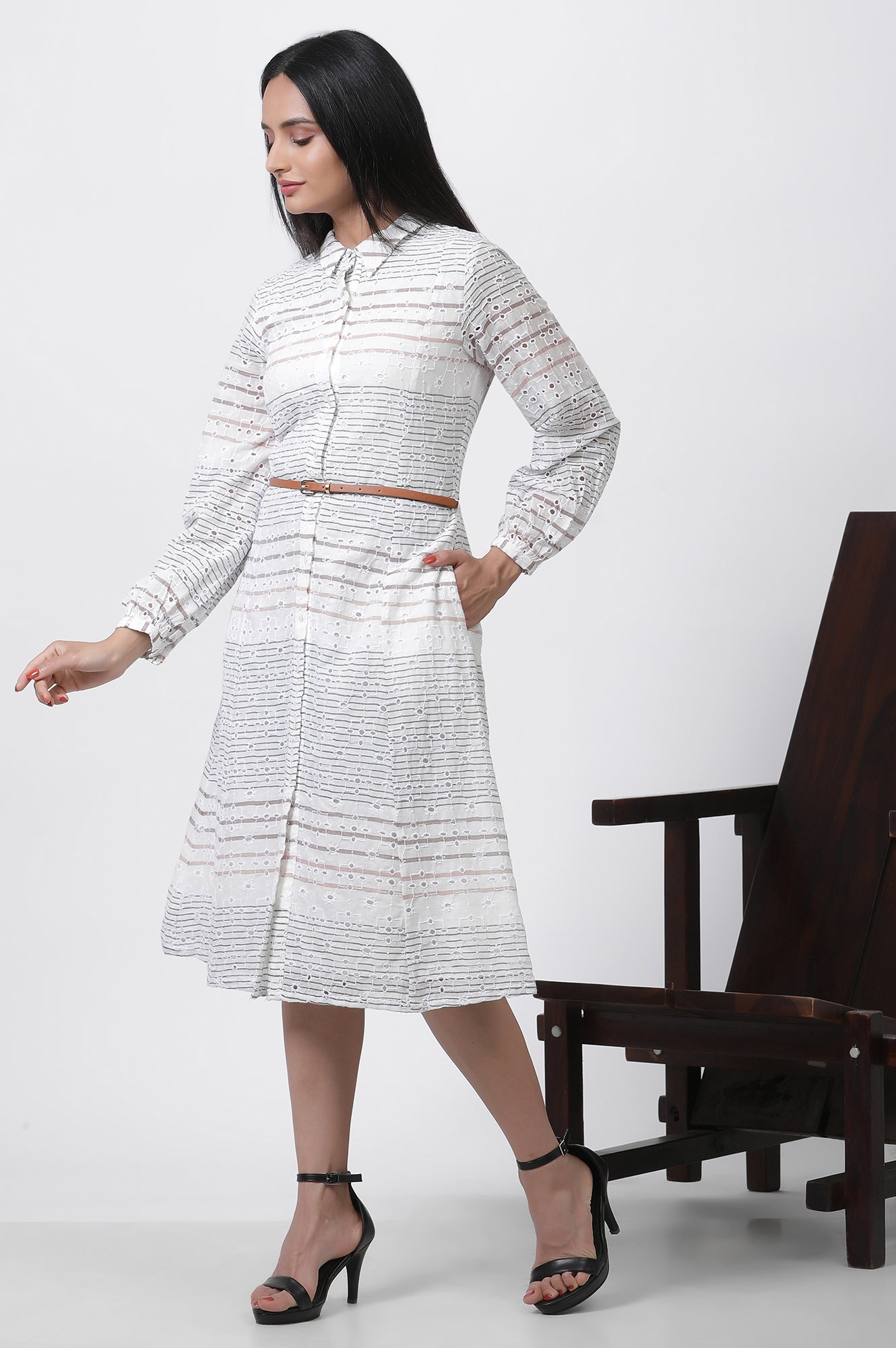 W for Woman White Striped Cotton Schiffli A-line Dress