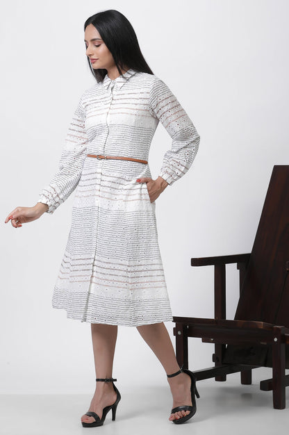 W for Woman White Striped Cotton Schiffli A-line Dress
