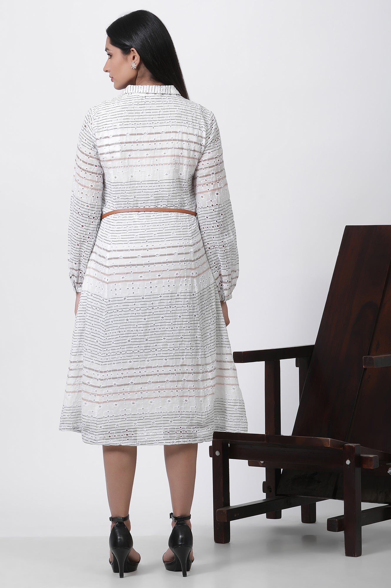 W for Woman White Striped Cotton Schiffli A-line Dress