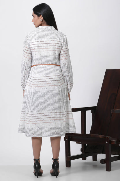 W for Woman White Striped Cotton Schiffli A-line Dress