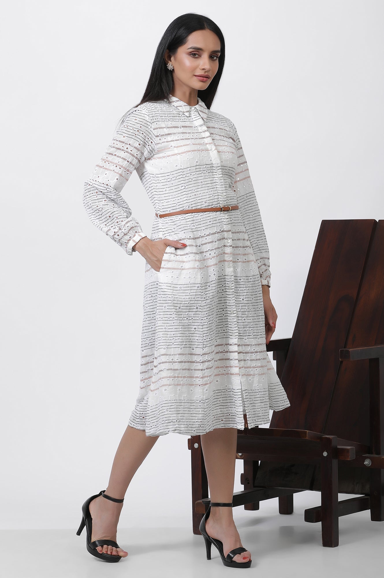 W for Woman White Striped Cotton Schiffli A-line Dress