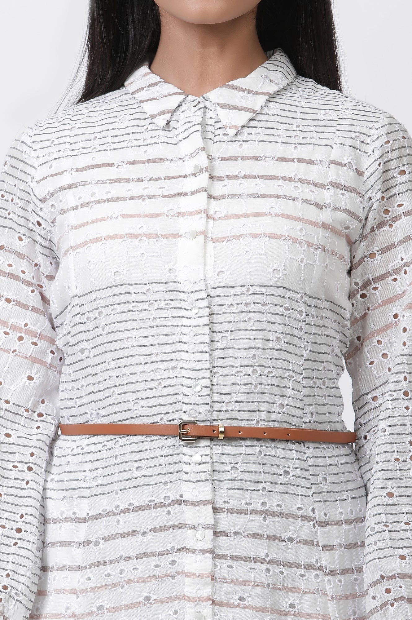 W for Woman White Striped Cotton Schiffli A-line Dress