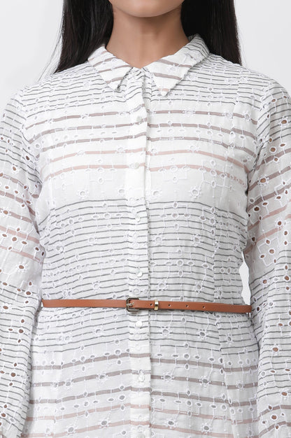 W for Woman White Striped Cotton Schiffli A-line Dress