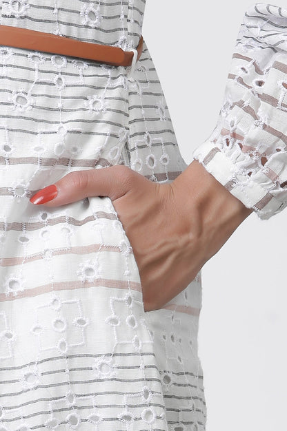W for Woman White Striped Cotton Schiffli A-line Dress