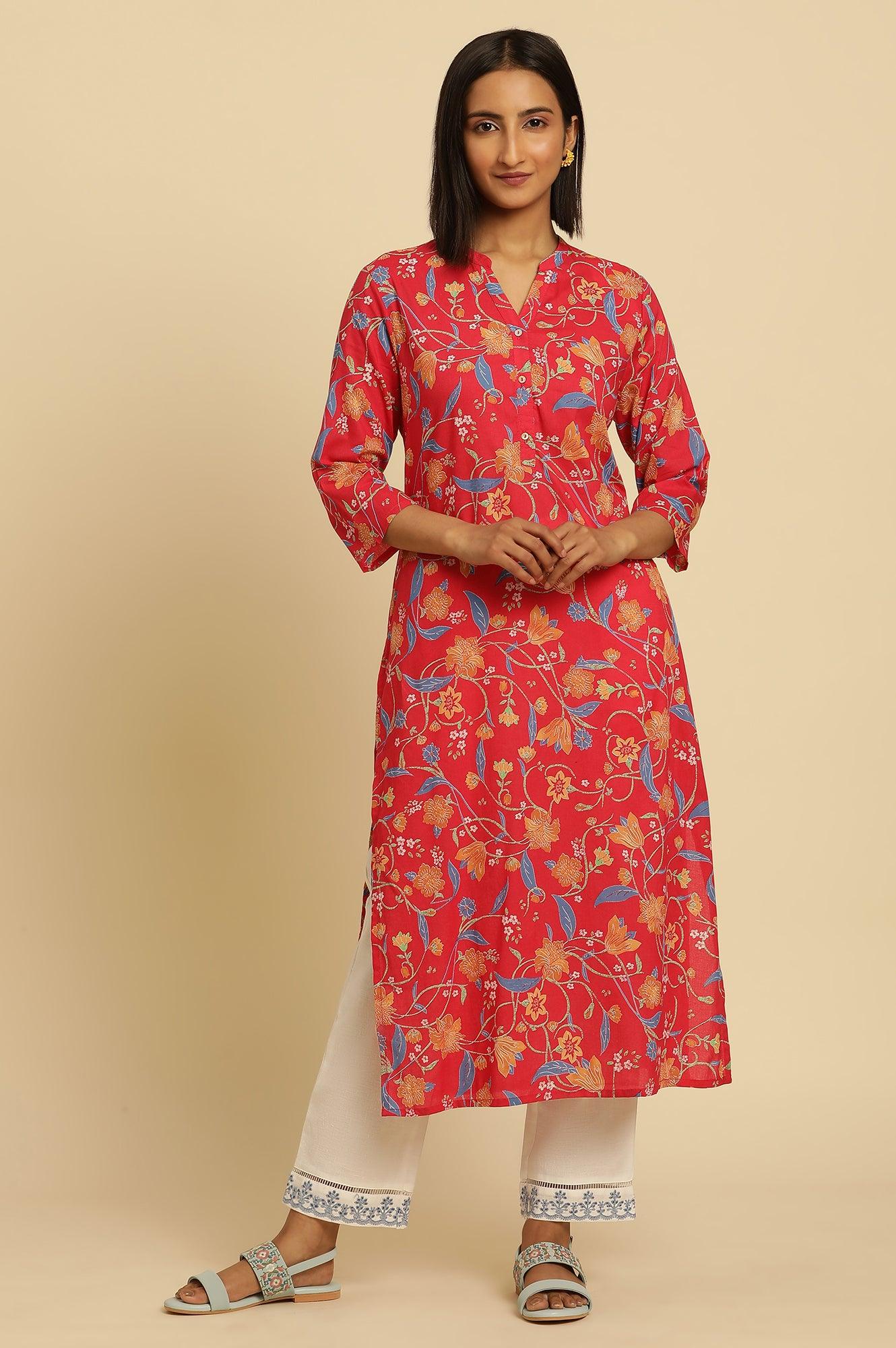 W for Woman Red Floral Printed Straight Kurta