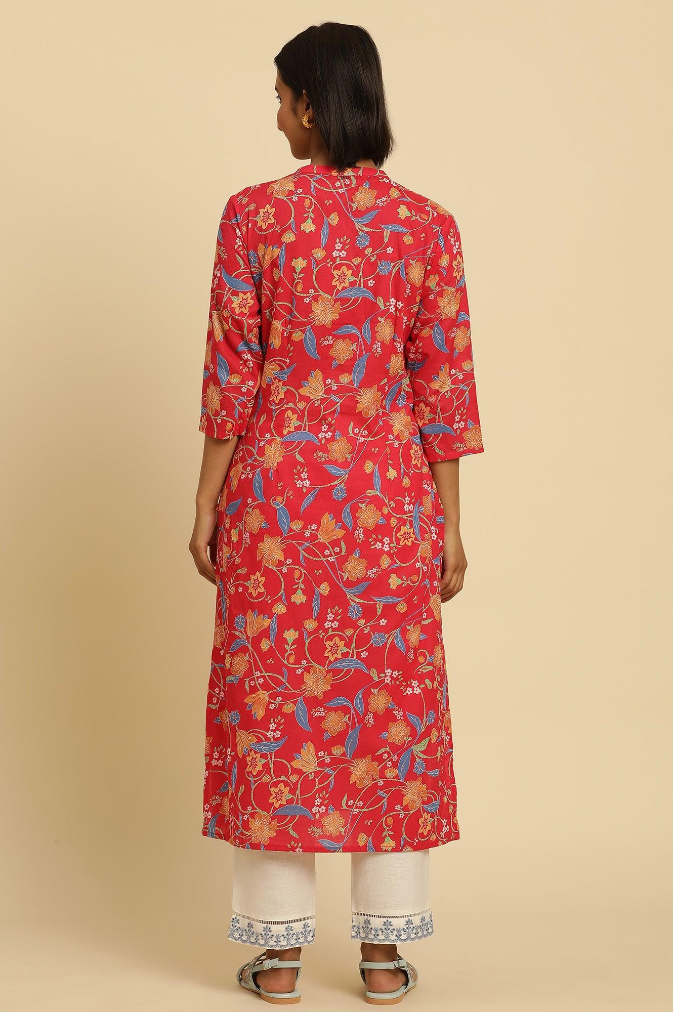 W for Woman Red Floral Printed Straight Kurta