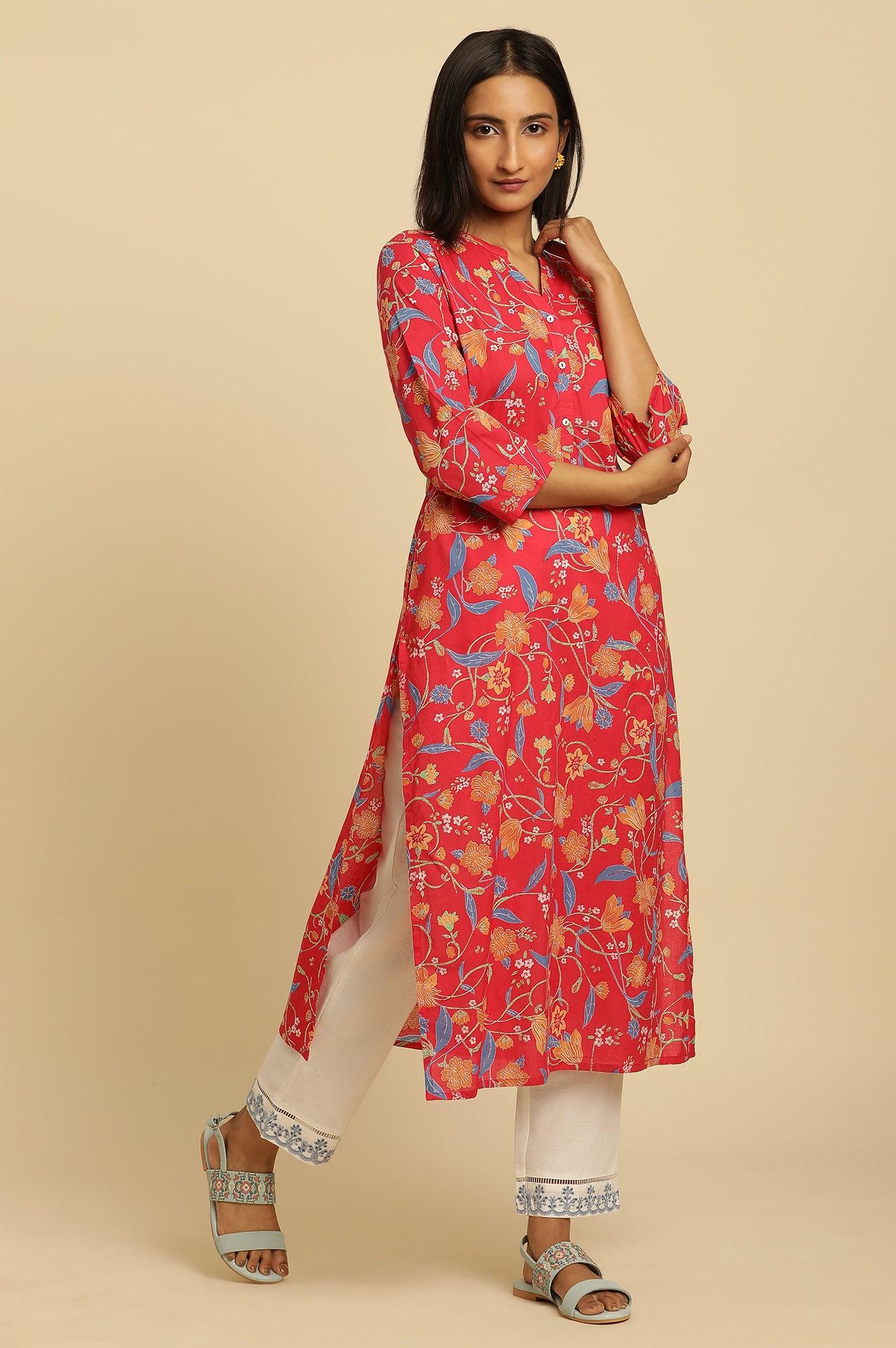 W for Woman Red Floral Printed Straight Kurta