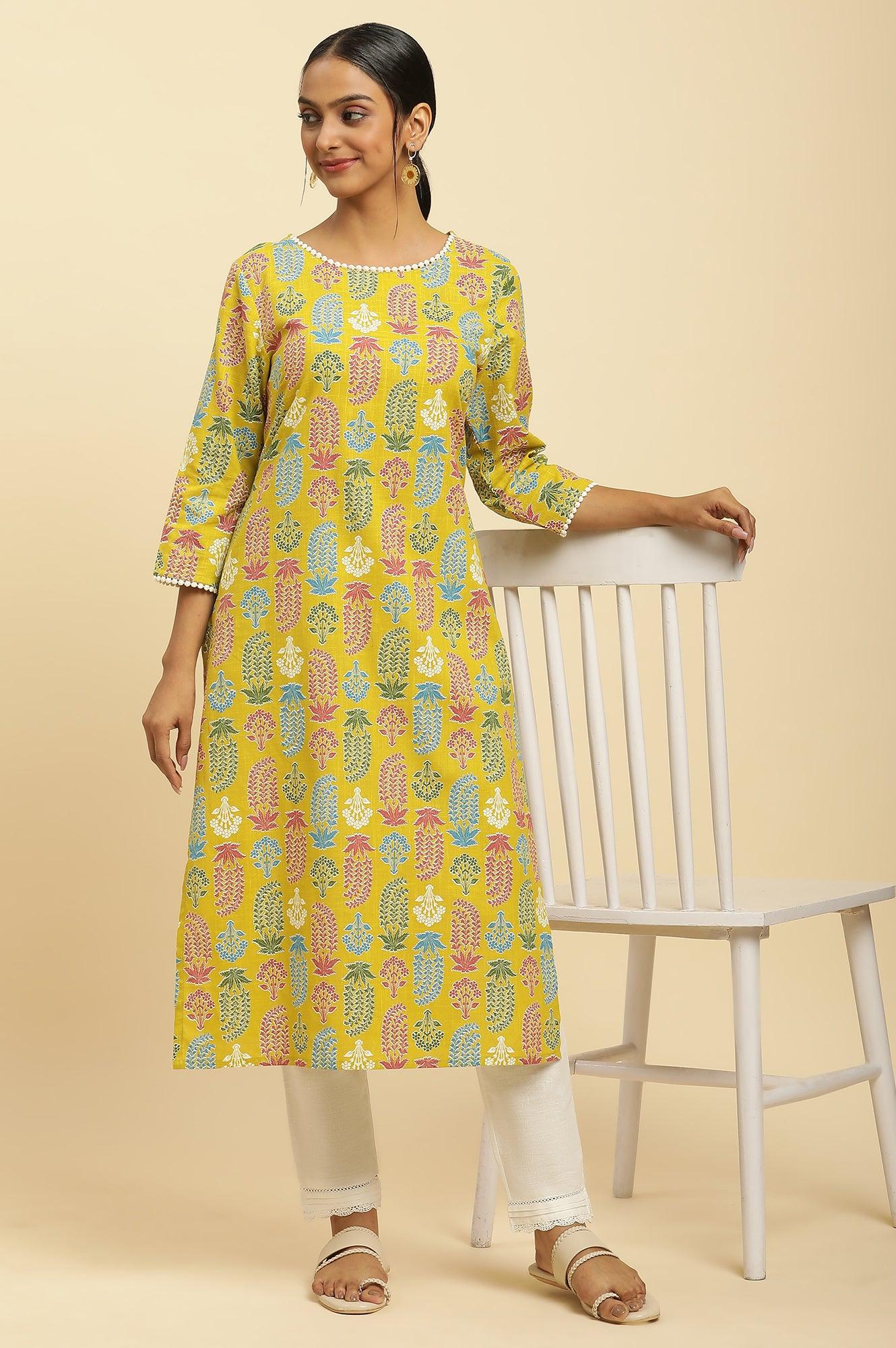W for Woman Yellow Floral Printed Cotton Kurta With Lace