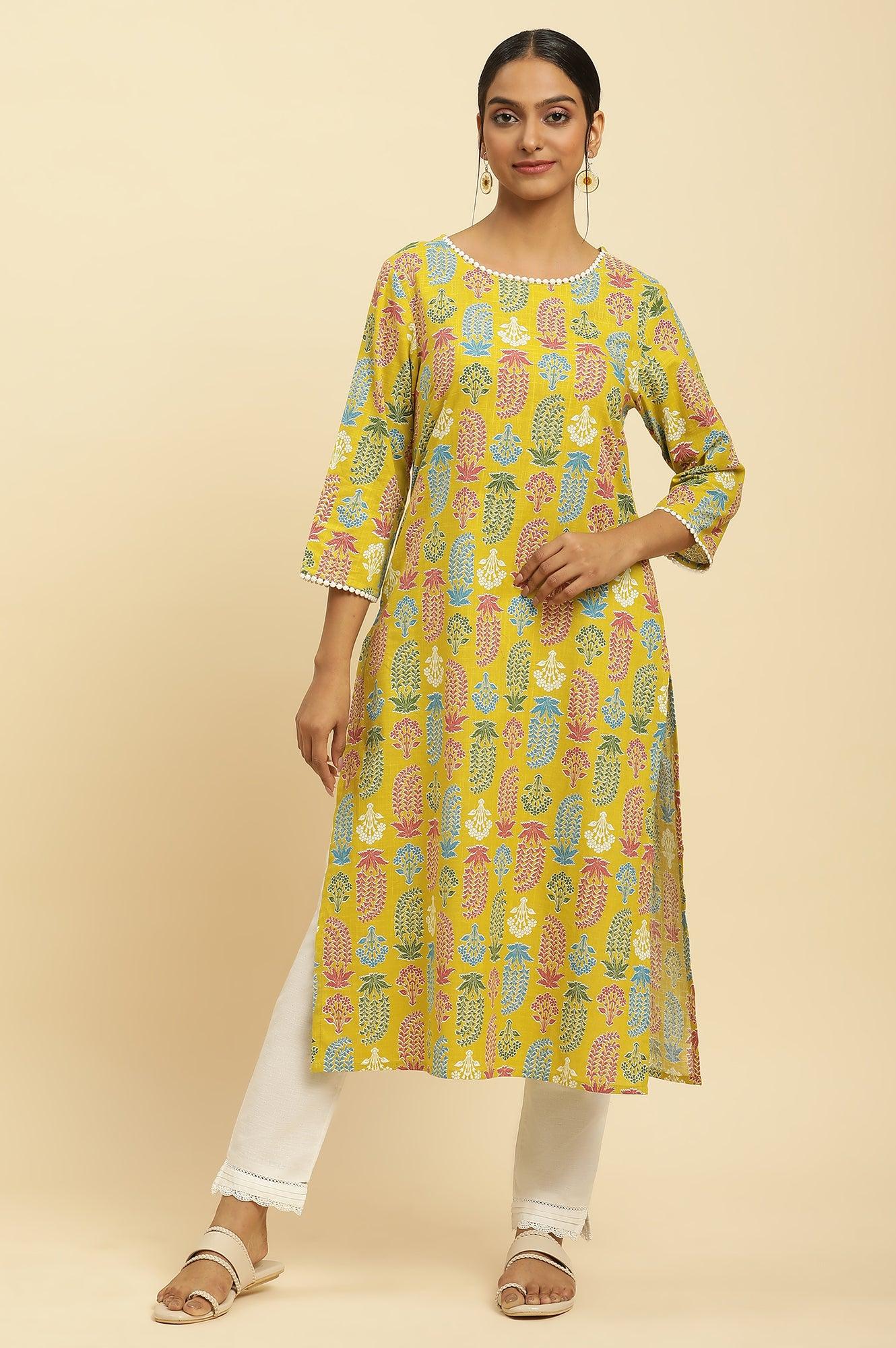 W for Woman Yellow Floral Printed Cotton Kurta With Lace