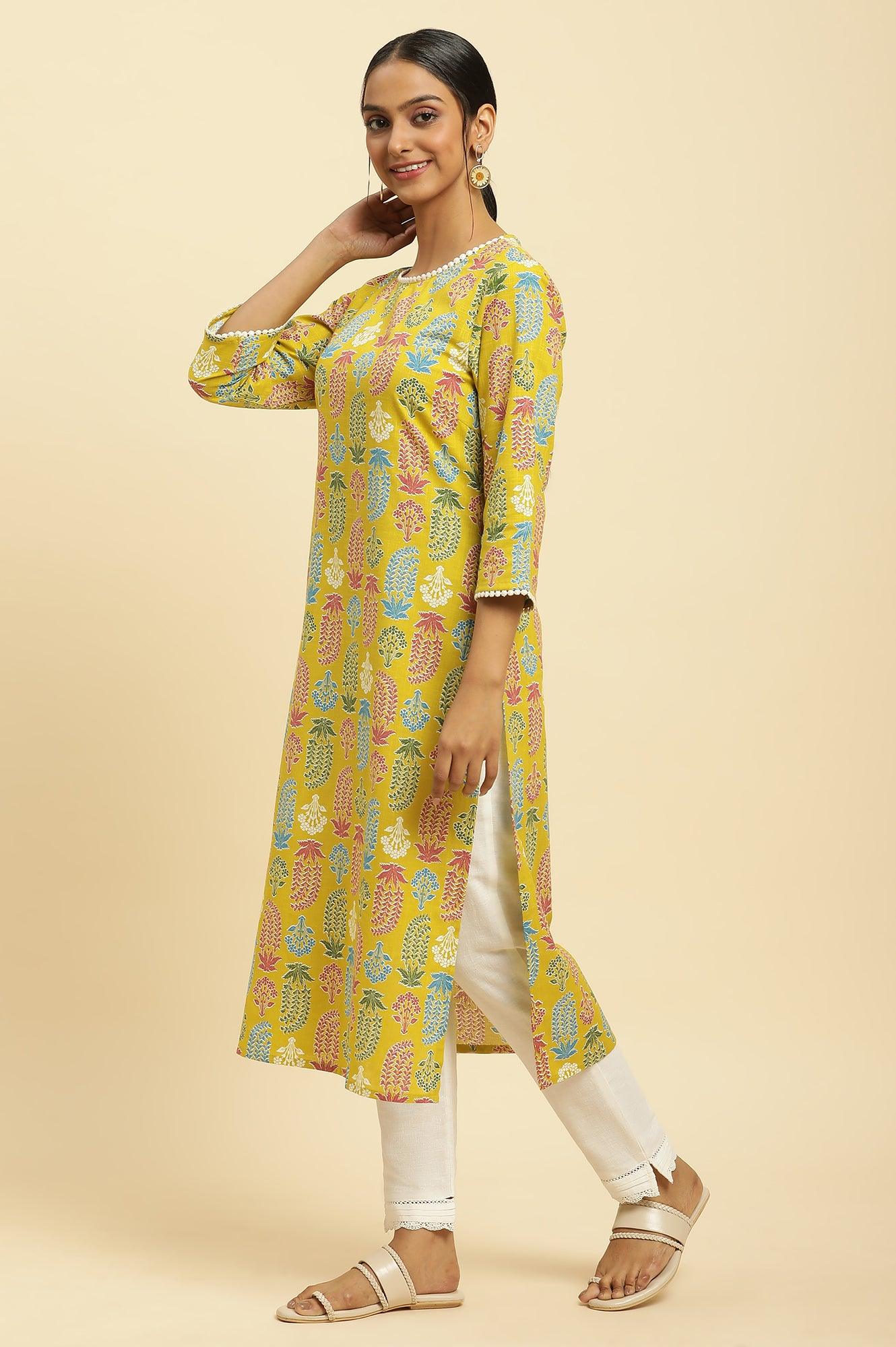 W for Woman Yellow Floral Printed Cotton Kurta With Lace