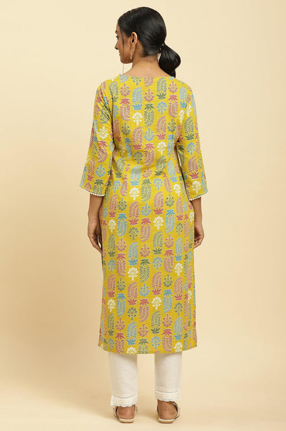 W for Woman Yellow Floral Printed Cotton Kurta With Lace