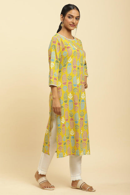 W for Woman Yellow Floral Printed Cotton Kurta With Lace
