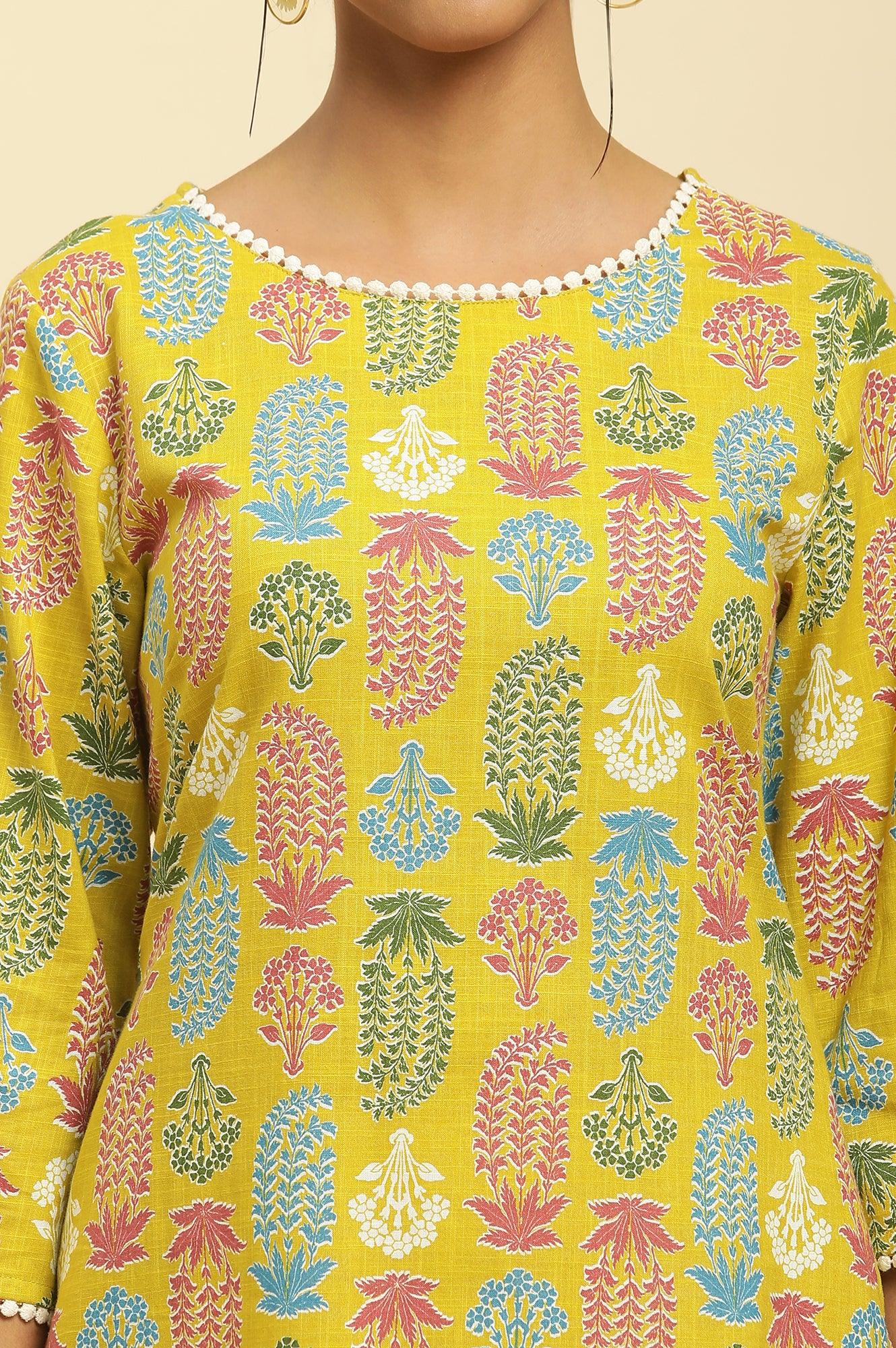 W for Woman Yellow Floral Printed Cotton Kurta With Lace