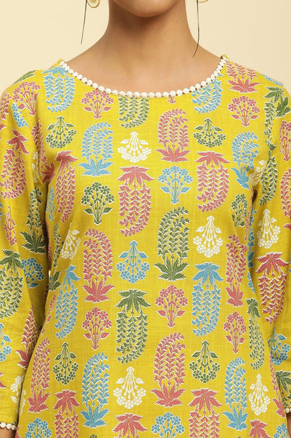 W for Woman Yellow Floral Printed Cotton Kurta With Lace