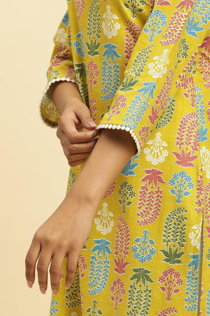 W for Woman Yellow Floral Printed Cotton Kurta With Lace
