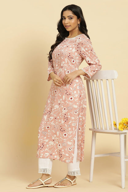 W for Woman Pink Straight Kurta In White Floral Print