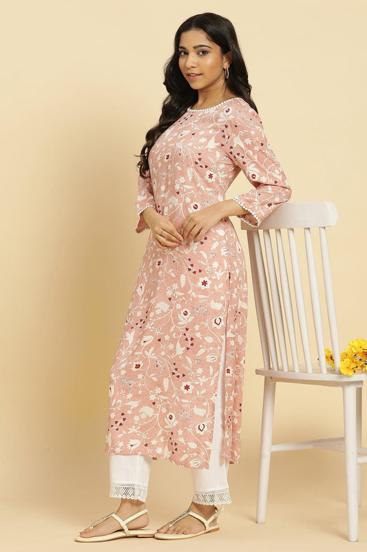 W for Woman Pink Straight Kurta In White Floral Print