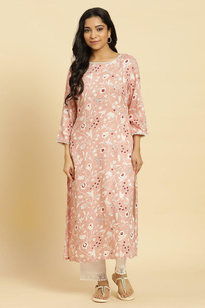W for Woman Pink Straight Kurta In White Floral Print