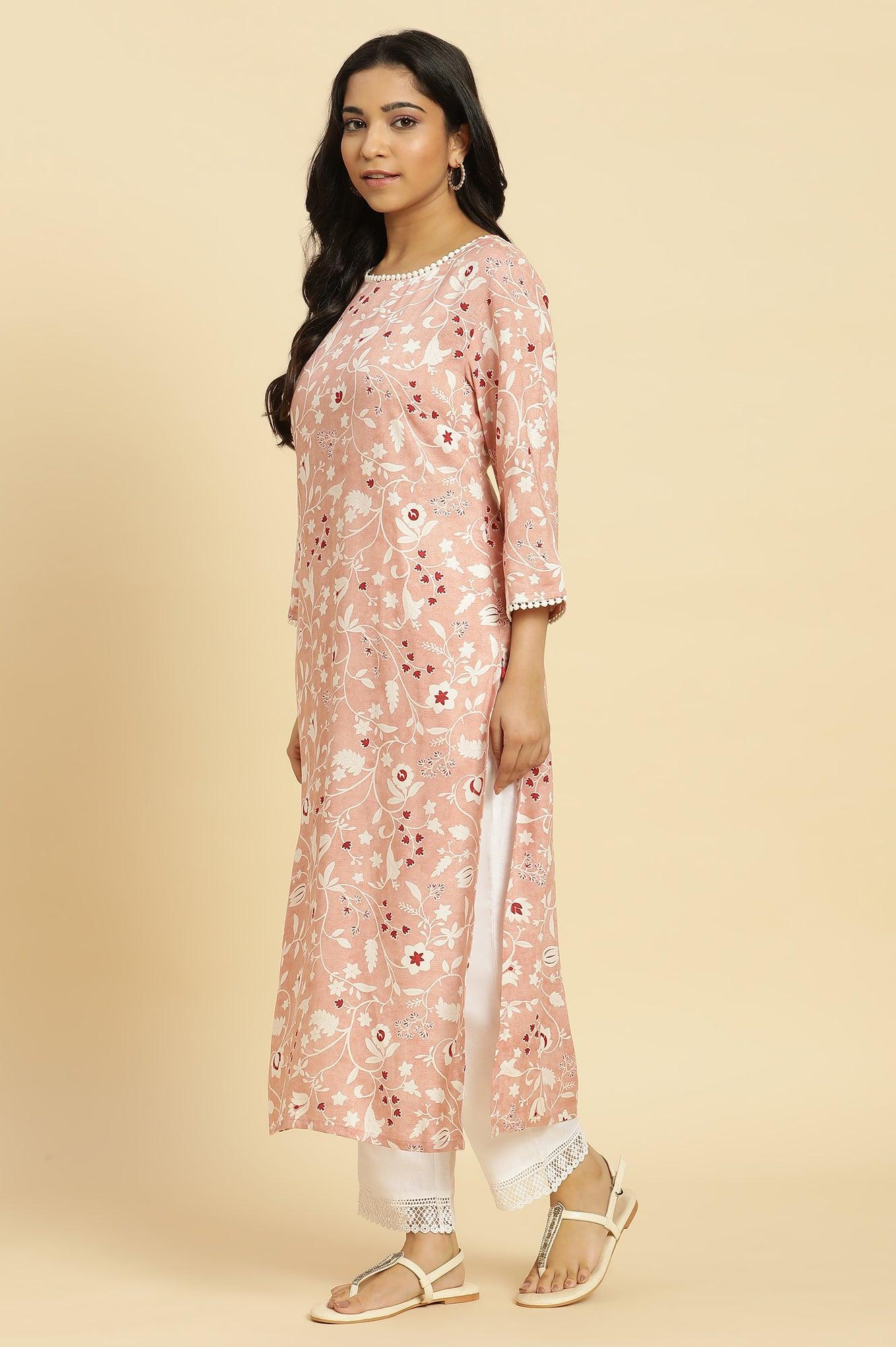 W for Woman Pink Straight Kurta In White Floral Print