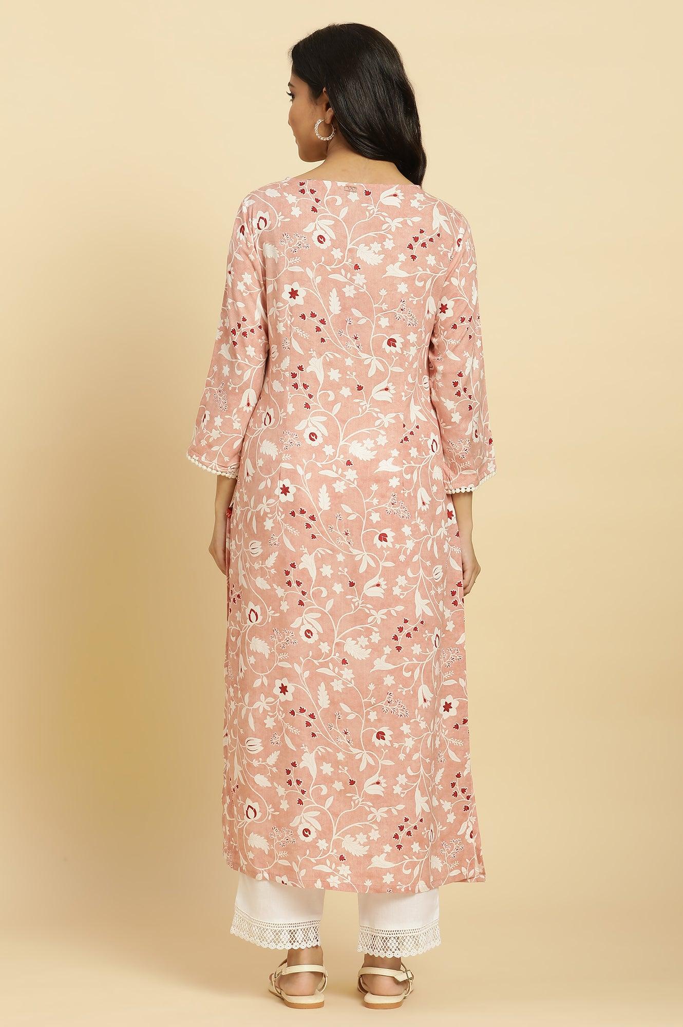 W for Woman Pink Straight Kurta In White Floral Print