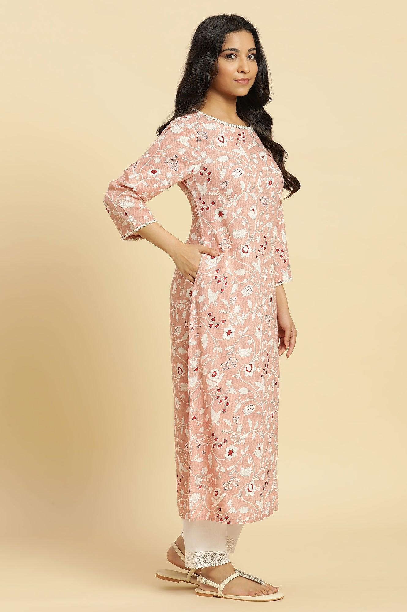 W for Woman Pink Straight Kurta In White Floral Print