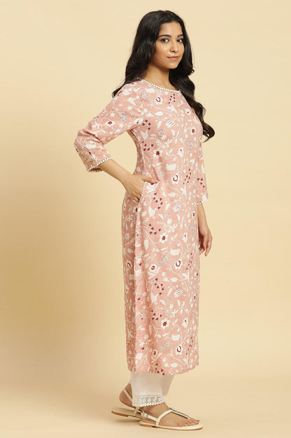 W for Woman Pink Straight Kurta In White Floral Print