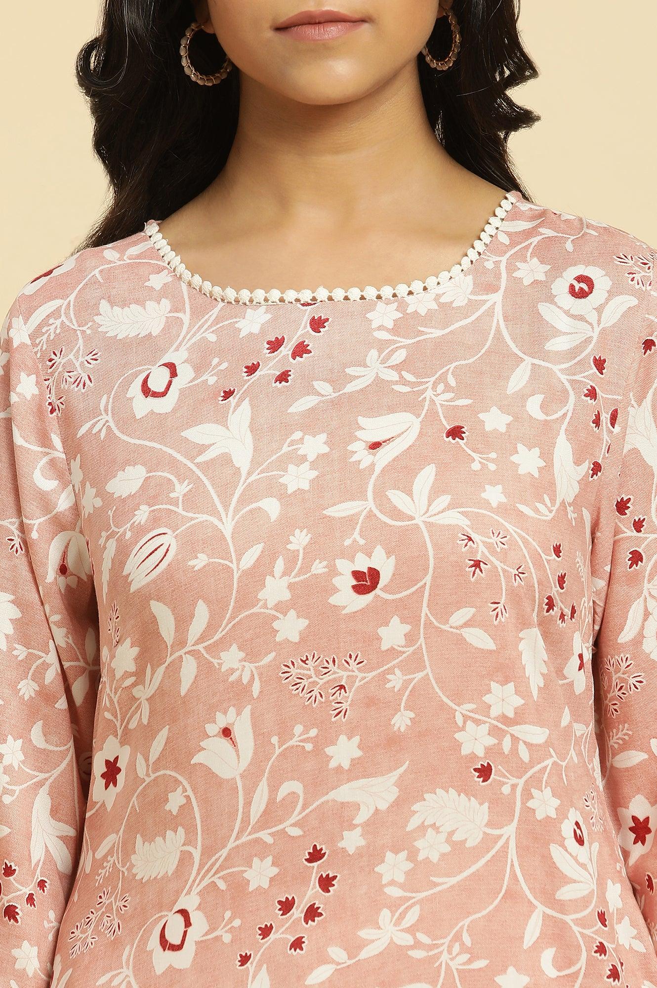 W for Woman Pink Straight Kurta In White Floral Print