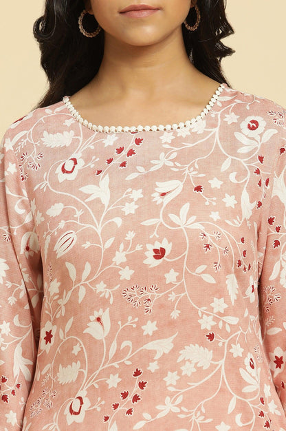 W for Woman Pink Straight Kurta In White Floral Print