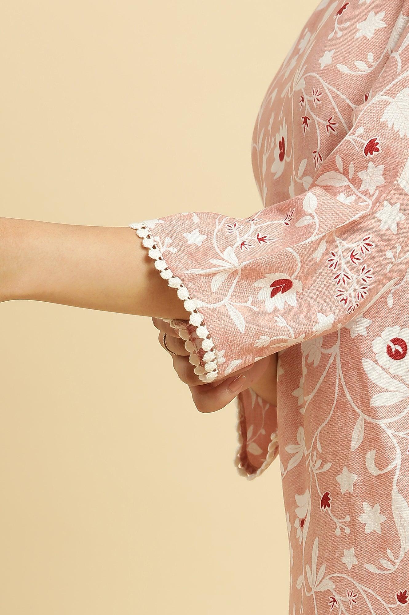 W for Woman Pink Straight Kurta In White Floral Print