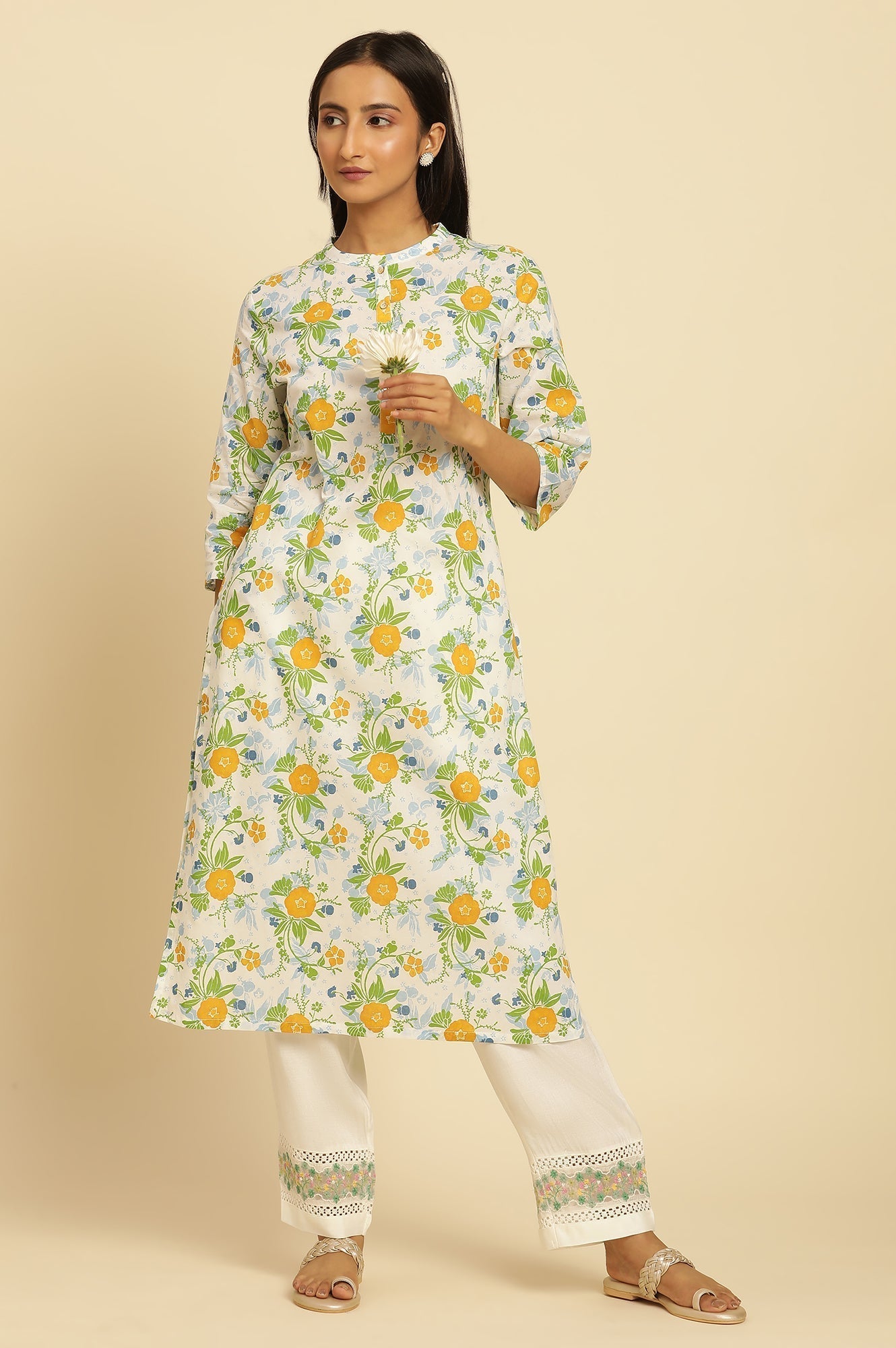 W for Woman White Straight Kurta With Multi-Coloured Floral Print