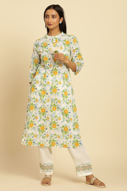 W for Woman White Straight Kurta With Multi-Coloured Floral Print