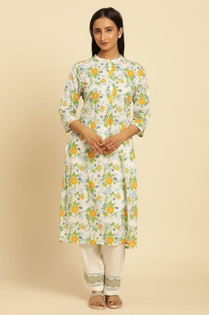 W for Woman White Straight Kurta With Multi-Coloured Floral Print