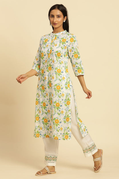 W for Woman White Straight Kurta With Multi-Coloured Floral Print
