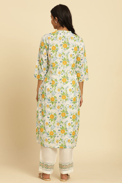 W for Woman White Straight Kurta With Multi-Coloured Floral Print
