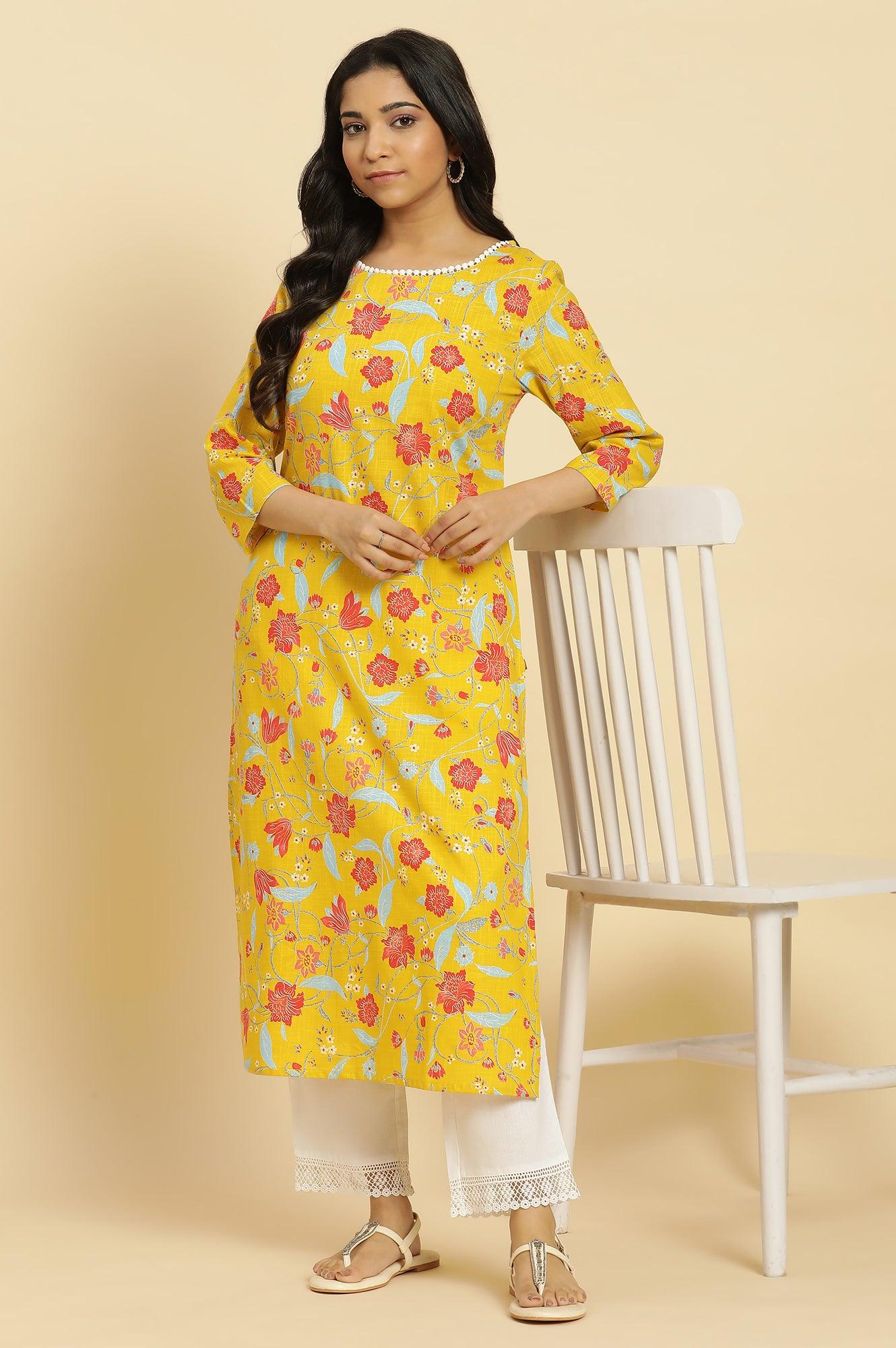 W for Woman Yellow Straight Kurta With Multi-Coloured Floral Print