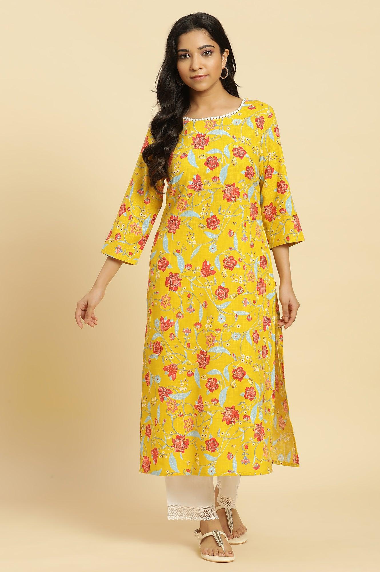 W for Woman Yellow Straight Kurta With Multi-Coloured Floral Print