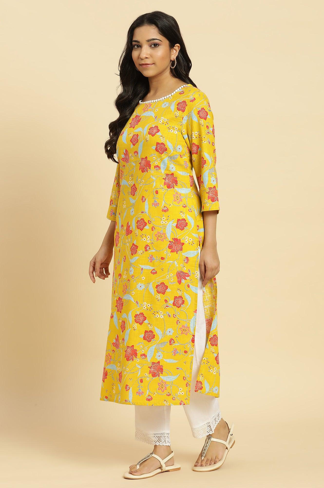 W for Woman Yellow Straight Kurta With Multi-Coloured Floral Print