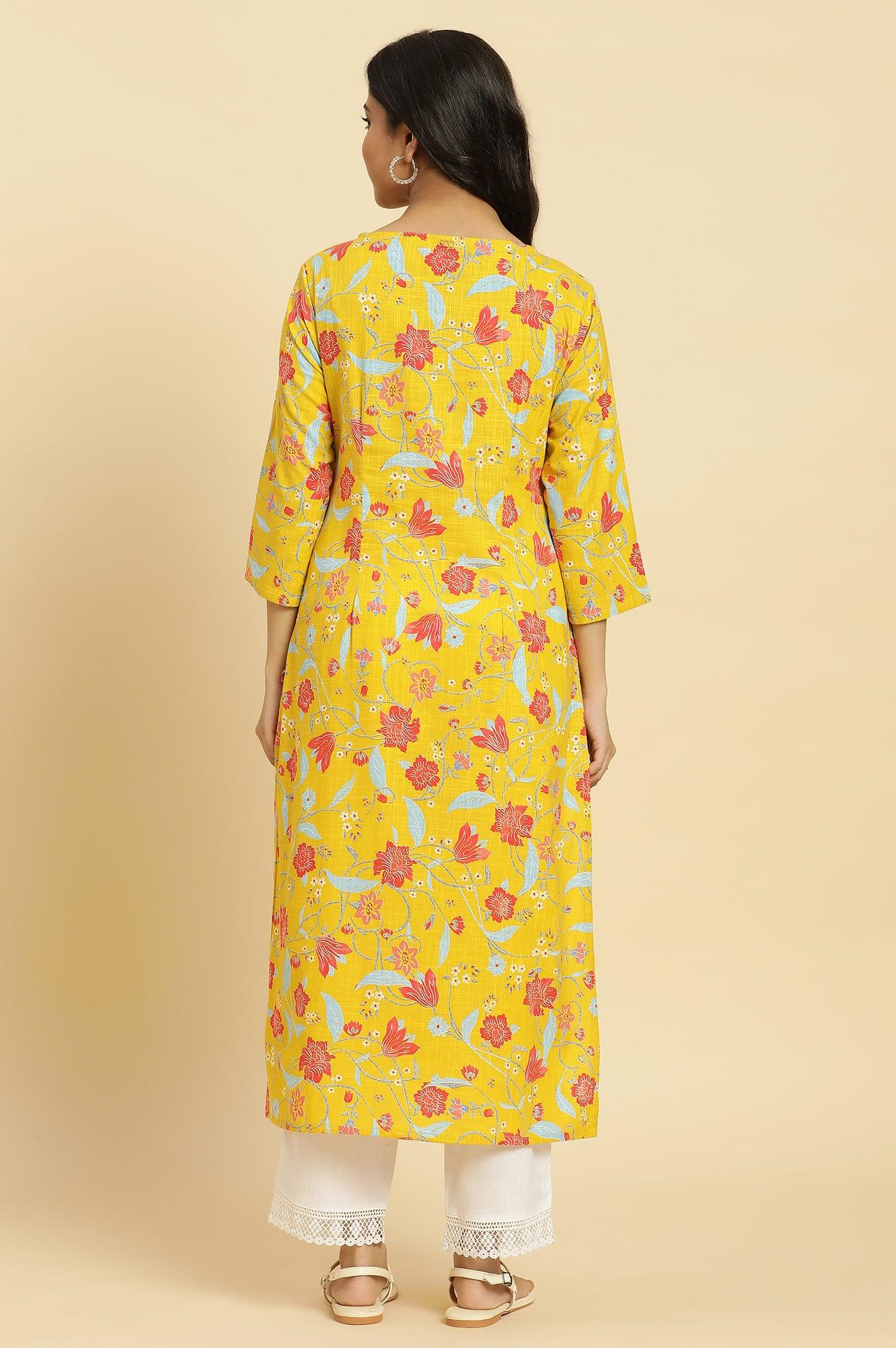 W for Woman Yellow Straight Kurta With Multi-Coloured Floral Print