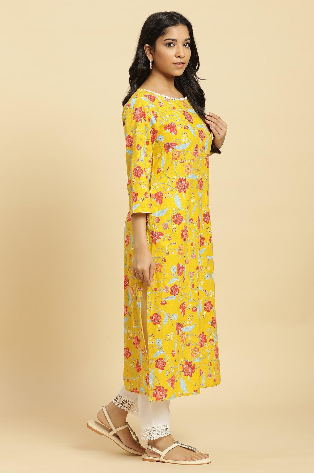 W for Woman Yellow Straight Kurta With Multi-Coloured Floral Print