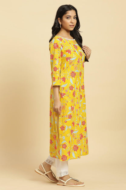 W for Woman Yellow Straight Kurta With Multi-Coloured Floral Print