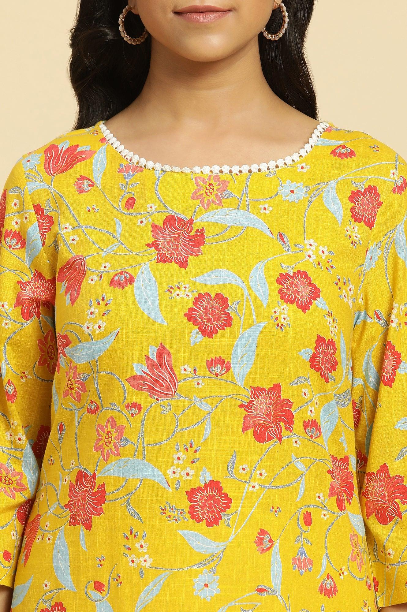 W for Woman Yellow Straight Kurta With Multi-Coloured Floral Print