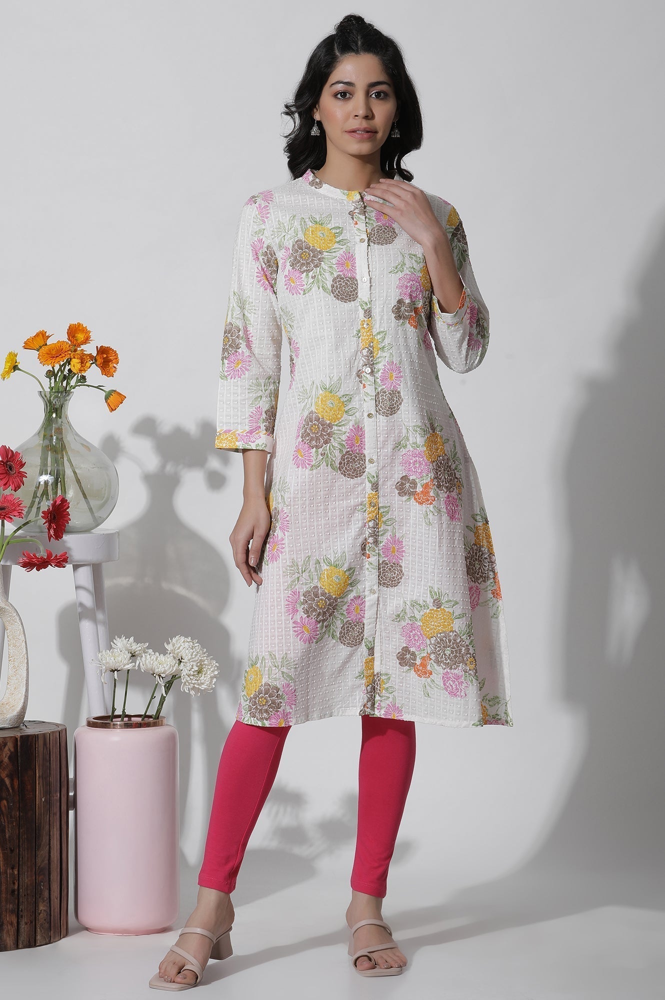 W for Woman White Floral Printed Button Down Cotton Kurta