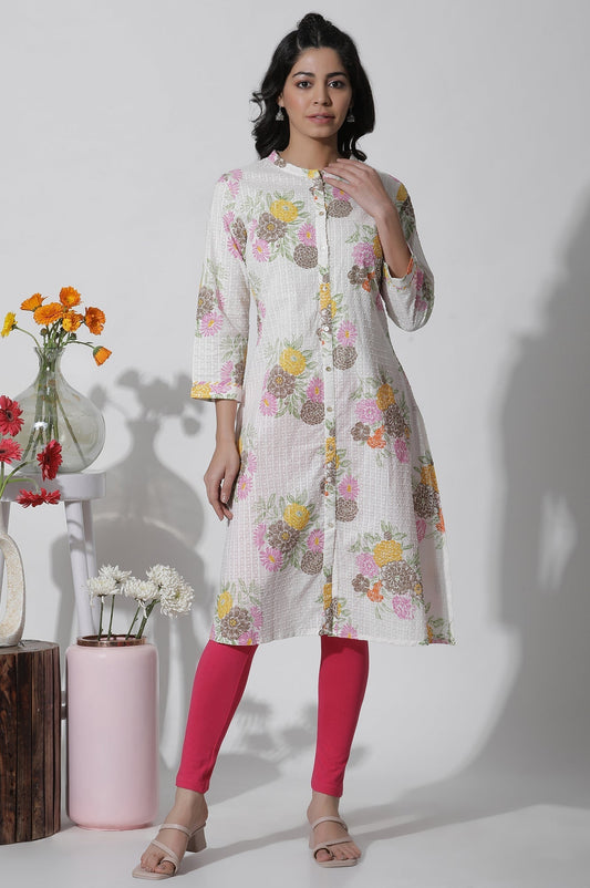 W for Woman White Floral Printed Button Down Cotton Kurta