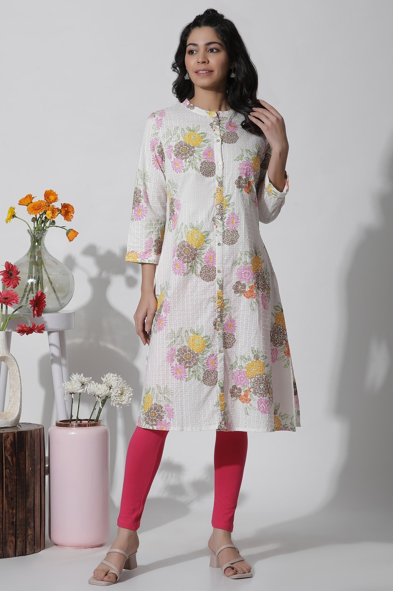 W for Woman White Floral Printed Button Down Cotton Kurta